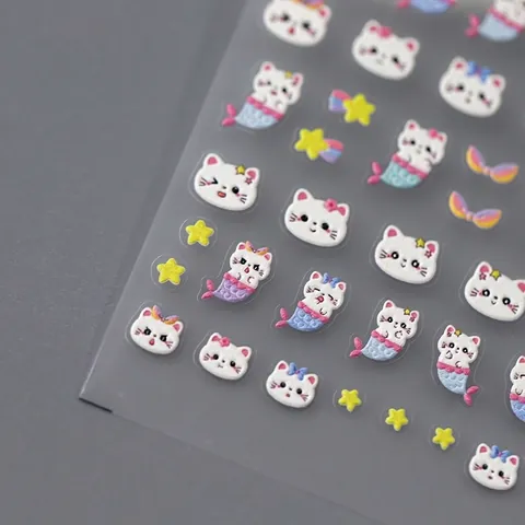 Stickers Ongles Relief 3D Dessin Animé Chat Sirène PET Auto-Adhésifs Décoration Manucure DIY Style Mignon