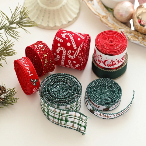 Christmas Ribbons Polyester Burlap Fabric Plaid Snowflake Candy Cane Pattern Holiday Gift Wrapping Festive Tree Decoration Crafting