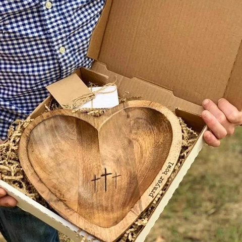 Heart Shaped Wooden Prayer Bowl Engraved Crosses Handcrafted Decorative Tray Farmhouse Religious Gift Home Decor Ornament
