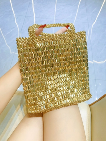 Glänzende Metallische Pailletten Handtasche Acryl Perlen Gewebte Unterarmtasche Für Damen Elegant Party Vintage Tote