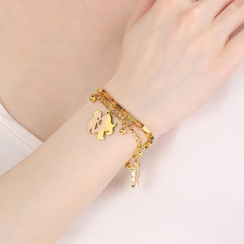 Double Layer Bracelet Stainless Steel Gold Plated Hollow Heart Mother Child Silhouette Charms Mama Jewelry For Women