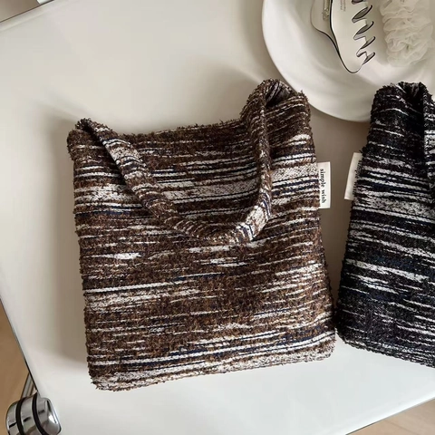 Women Vintage Striped Knitted Handbag Small Tote Underarm Bag Retro Aesthetic Sueded Fabric Simple Style Daily Carry