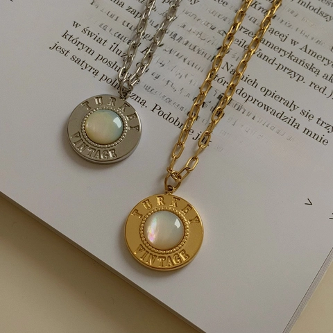 Vintage Round Coin Pendant Necklace For Women Stainless Steel Inlaid With White Mother Of Artificial Pearl Minimalist Jewelry