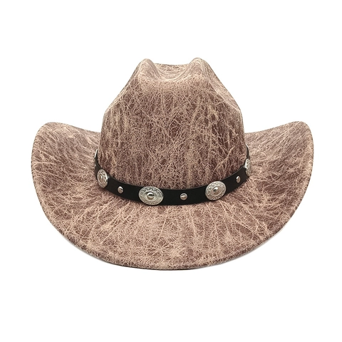 Chapeau De Cowboy Western Vintage Texture Craquelée Bord Large Polyester Similicuir Bande Rivets Métal Style Jazz Unisexe