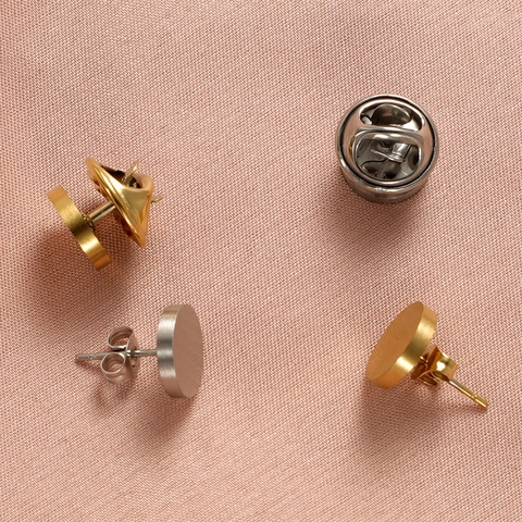 Round Flat Stud Earrings Brooch Pin 304 Stainless Steel 18K Gold Plated Brushed Simple Geometric Jewelry