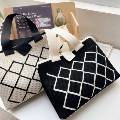 Strick Tote Tasche Damen Geometrisches Rautenmuster Große Kapazität Tragbare Handtasche Für Alltag Lässig Reise Mode