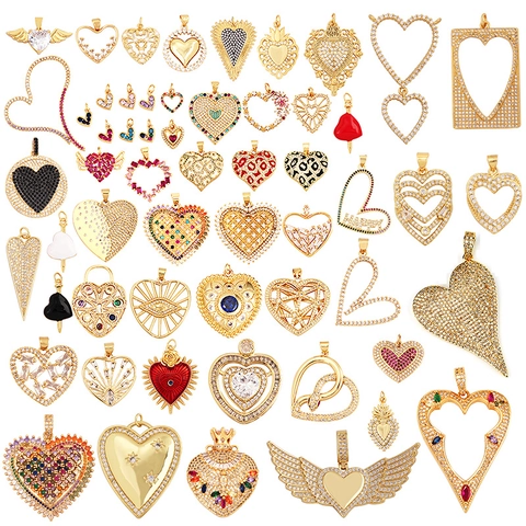 Heart Shaped Pendant Copper Gold Plated Cubic Zirconia Charm For DIY Necklace Jewelry Making Accessories