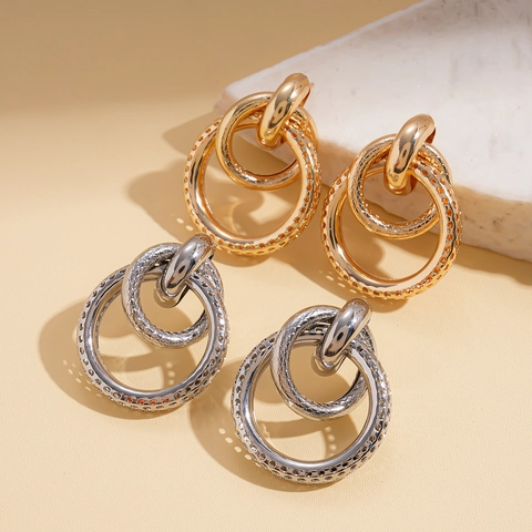 Orecchini A Doppio Cerchio Geometrici Con Perno Argento Sterling 925 Gioielli Ferro Testurizzato Donne Stile Cavo Vintage