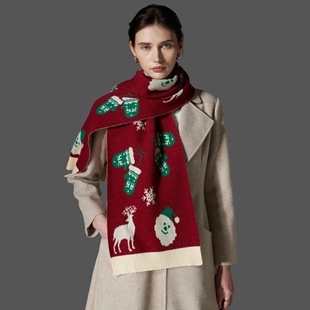 Christmas Knitted Scarf Festive Red Reindeer Snowflake Pattern Warm Imitation Cashmere Acrylic Winter Holiday Accessory