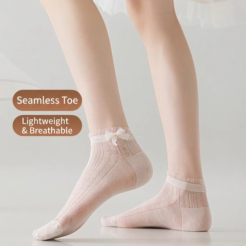 Women Ankle Socks Lace Trim Bowknot Mesh Breathable Nylon Thin Low Cut Sweet Style Seamless Toe