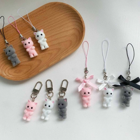 Porte-clés Chat Flocon Avec Nœud Charme De Téléphone Animal Mignon Pendentif De Sac Esthétique Y2K Résine Plastique Pour Filles