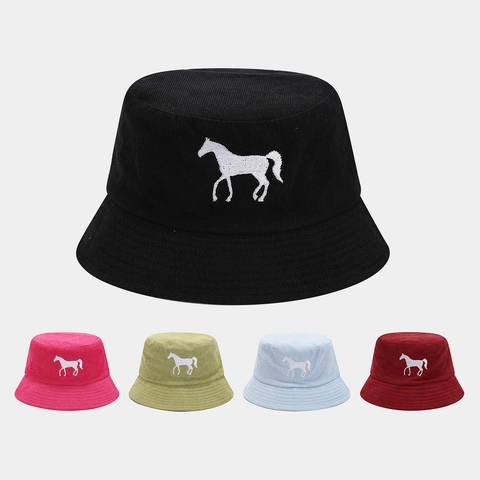 Cappello Da Pescatore Velluto A Coste Ricamo Cavallo Top Piatto Protezione Solare Casual Unisex Moda Pan