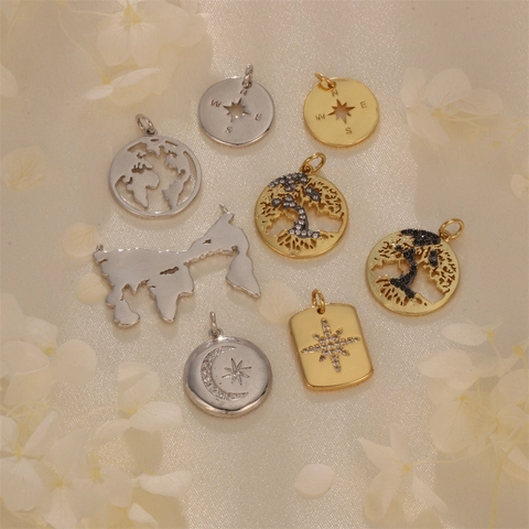 Ciondoli Charms Tondi Ottone Zircone Albero Della Vita Bussola Mappa Mondo Stella Luna Per Creazione Gioielli DIY