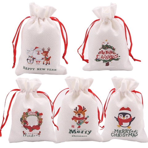 Christmas Gift Bags Drawstring Linen Burlap Pouches Cartoon Santa Reindeer Candy Packaging Holiday Party Decor