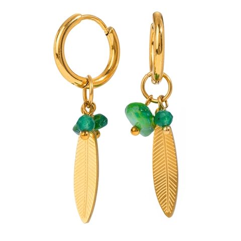 Vintage 18K Gold Plated Stainless Steel Leaf Hoop Earrings For Women Bohemian Natural Green Stone Bead Pendant Earrings Jewelry Gift