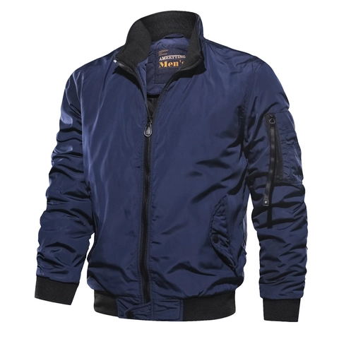 Men's Casual Bomber Jacket Padded Windproof Flight Jacket Ribbed Stand Collar Zipper Outerwear Coat For Winter Daily Wear Male Fashion