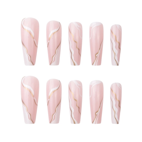 Long Coffin Press On Nails Marble Pattern White Wave Gold Lines Nude Pink Fake Nails For Women Fashion Manicure