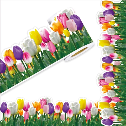 Tulip Flower Bulletin Board Border Sticker Coated Paper Decorative Scalloped Edge For Classroom Office Home Wall Spring Theme