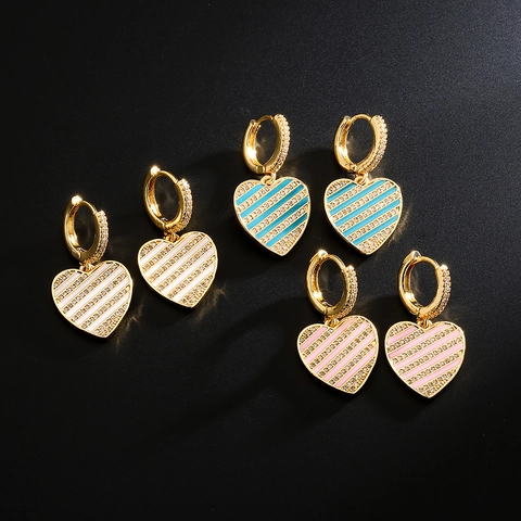 Hart Hanger Hoop Oorbellen Koper 18K Verguld Kleurrijke Emaille Strepen Zirkoon Mode Sieraden Voor Dames