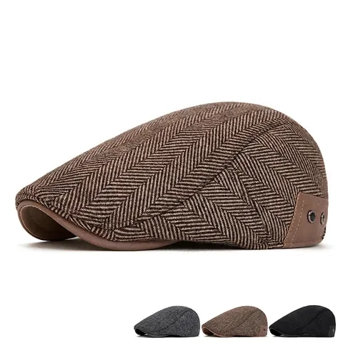 Herren Schiebermütze Retro Britischer Stil Fischgrätenmuster Wollmischung Tweed Mütze Warmer Winterhut Ohrenschutz