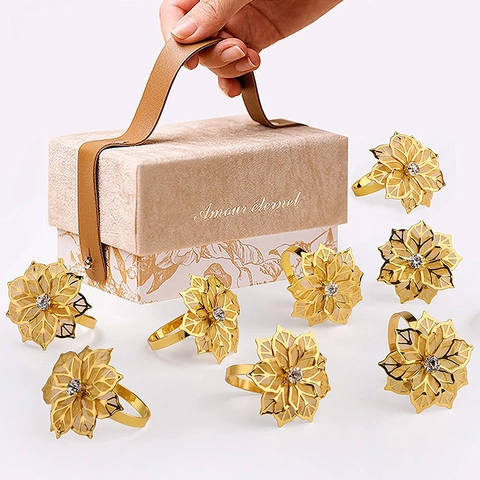 Ronds De Serviette Boucles Fleur En Métal Creux Incrustation De Cristal Strass Décoration De Table Élégante Mariage Luxe Européen
