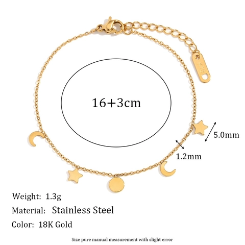 Pulsera Colgante Estrella Luna Chapado En Oro 18K Acero Inoxidable Minimalista Elegante Mujeres Cadena Ajustable Joyería