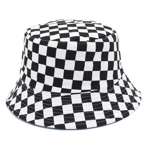 Unisex Cotton Checkerboard Bucket Hat Black And White Plaid Sun Protection Fisherman Cap Outdoor Foldable Beach Sun Hat
