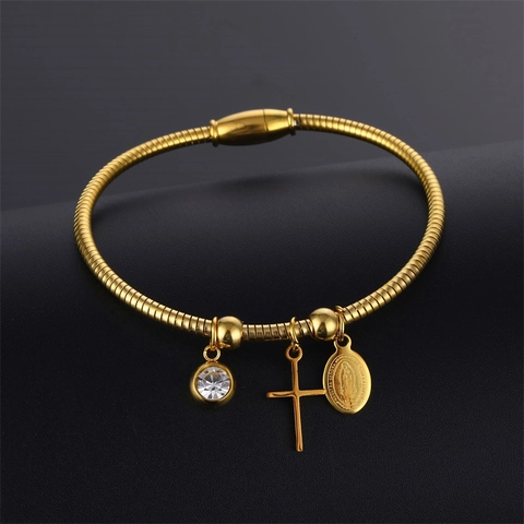 Bracciale A Catena A Serpente In Acciaio Inossidabile Con Medaglia Della Vergine Maria Croce E Ciondolo In Zircone Placcato Oro 18K