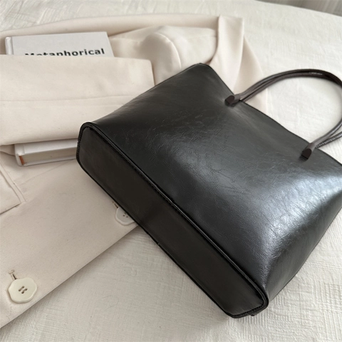 Retro Women Tote Bag PU Leather Large Capacity Zipper Shoulder Handbag Minimalist Korean Style Commuter Daily