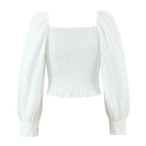 Damen Bluse Mit Eckigem Ausschnitt Puffärmel Gesmokter Rücken Knopfleiste Crop Top Vintage Elegant Polyester-Rayon-Mischung