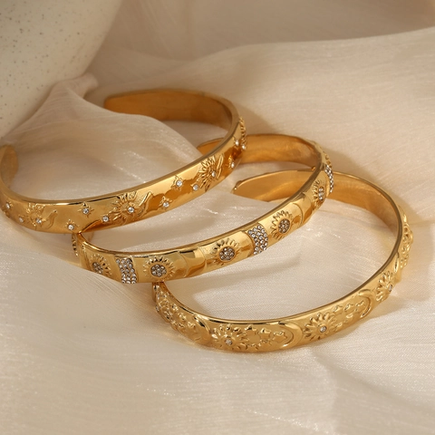 Edelstahl Armreif Mit Zirkon Himmlisches Sonne Mond Stern Muster Vintage Bohemien Schmuck Für Damen