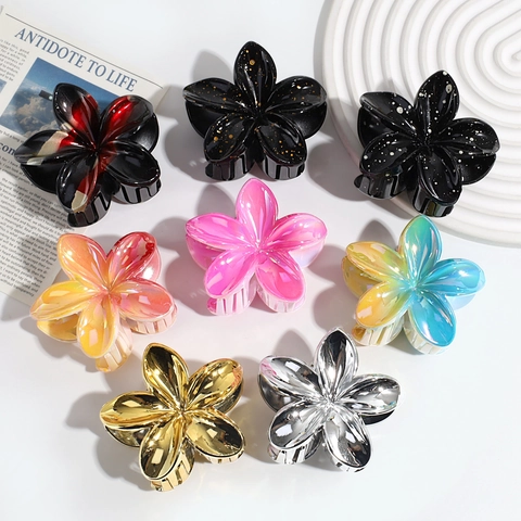Flower Hair Claw Clip Metallic Iridescent Gradient Plumeria Hair Accessory Resin Alloy Nonslip Hair Clamp For Women