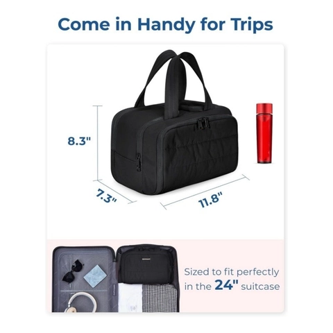 Travel Toiletry Bag Large Capacity Quilted Nylon Makeup Organizer Case For Women Wet Dry Separation Wide Opening Double Handle