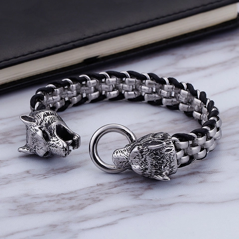 Armband Für Herren Aus Edelstahl Und Leder Tierkopf Wolf Schlange Löwe Totenkopf Retro Punk Gothic