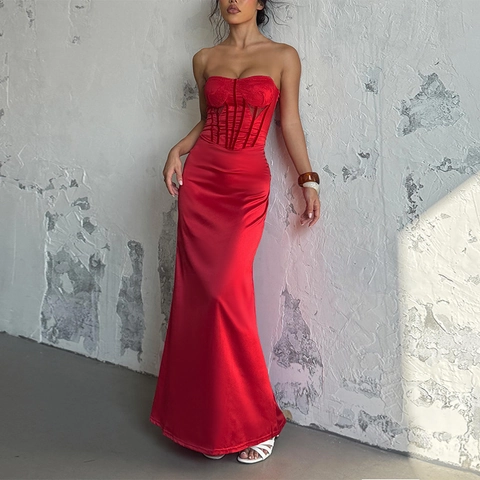 Women Red Satin Halter Corset Maxi Dress Sexy Backless Lace Stitching Slim Fit Evening Party Gown