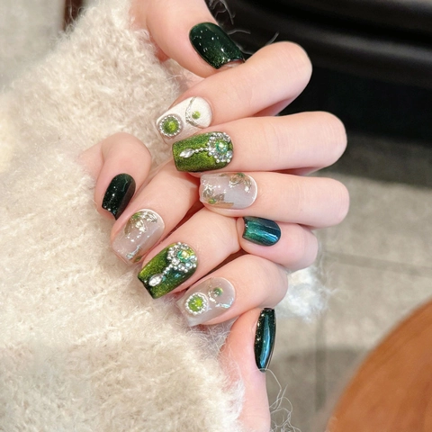 Handmade Press On Nails Forest Green Cat Eye French Style Rhinestone Artificial Pearl Luxury Glossy Elegant False Nails