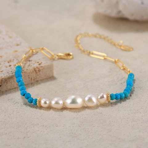 Bracciale a Catena in Argento Sterling 925 Con Perle d'Acqua Dolce e Turchese Per Donna Elegante Placcato Oro Gioielli Regalo