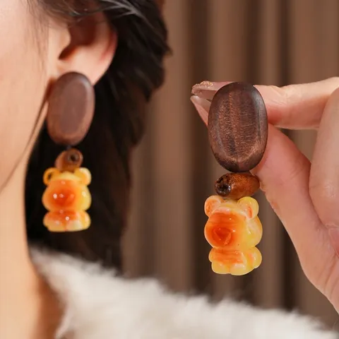 Cute Bear Drop Earrings Wood Resin Patchwork Retro Forest Style Fashion Jewelry With Silver Earring Post For Women