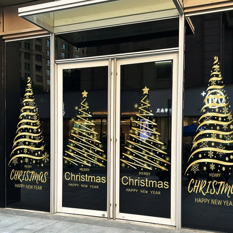 Autocollants Fenêtre Noël PVC Doré Adsorption Statique Sapin De Noël Flocon De Neige Décoration Verre Fête