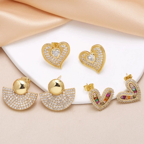 Fashion Heart And Fan Shaped Copper Stud Earrings With Gold Plating And Colorful Cubic Zirconia For Women