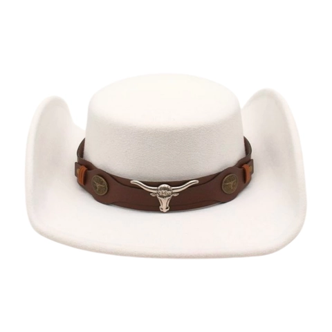 Western Cowboy Hat Flat Top Gambler Felt Metal Bull Head Decorative Leather Band Retro Ethnic Style For Men And Women