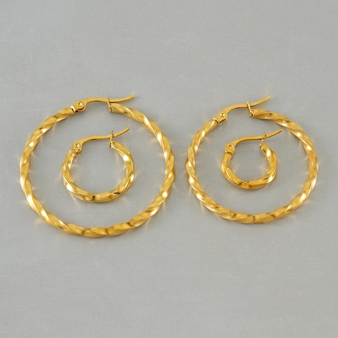 Stainless Steel French Spiral Hoop Earrings Twisted Texture Retro Fashion Trendy Jewelry Accessory For Women Gold Tone