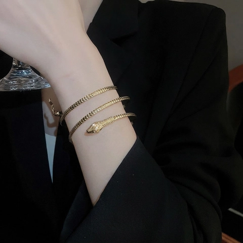 Schlange Geformtes Spiralwickel Armband Eisen Metallische Schuppentextur Verstellbarer Offener Armreif Punk Chic Schmuck Für Damen