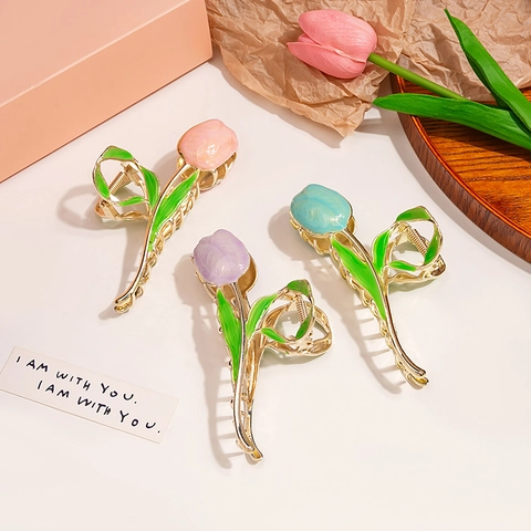 Floral Hair Claw Clip Alloy Enamel Flower Tulip Rose Lily Of The Valley Vintage Elegant Hair Accessories For Women