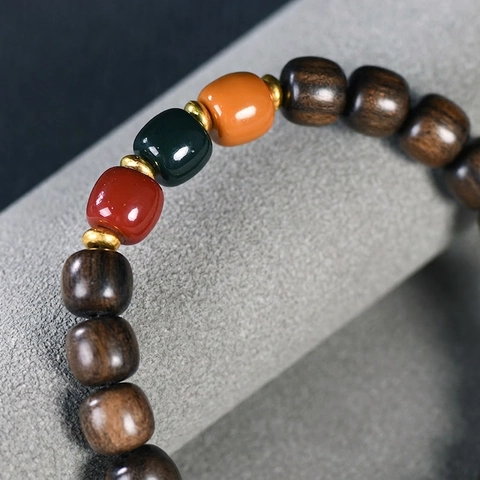 Wood Beaded Bracelet Retro Chinese Style Zen Unisex Elastic Hand String With Three Color Accent Beads And Metal Spacers