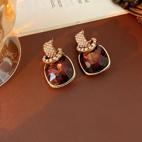 Vintage Square Gemstone Earrings With Rhinestones And Silver Earring Post Elegant French Style Accessory For Women