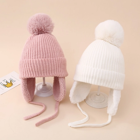 Bonnet En Maille D'Hiver Pour Enfants Avec Cache-Oreilles Doublé Polaire Pompon En Fausse Fourrure Cordons