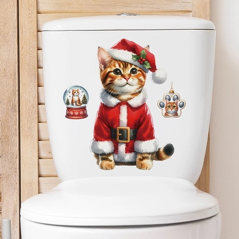 Autocollants De Couvercle De Toilette Chat De Noël Décalcomanies PVC Amovibles Décor De Salle De Bain Mignon Festif