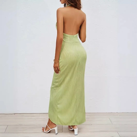 Halter Neck Maxi Dress Women Sleeveless Backless Side Slit Textured Polyester Elegant Summer Evening Long Sun Dress