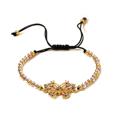 Butterfly Charm Adjustable Woven Bracelet For Women With Copper Tri-Color Beads And Micro-Inset Colored Zircon